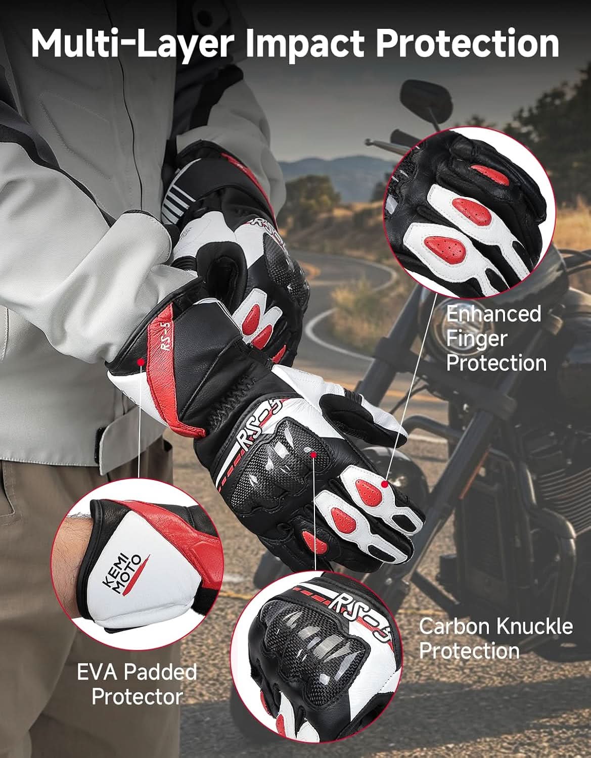 Leather Motorcycle Gloves for Men with Touchscreen