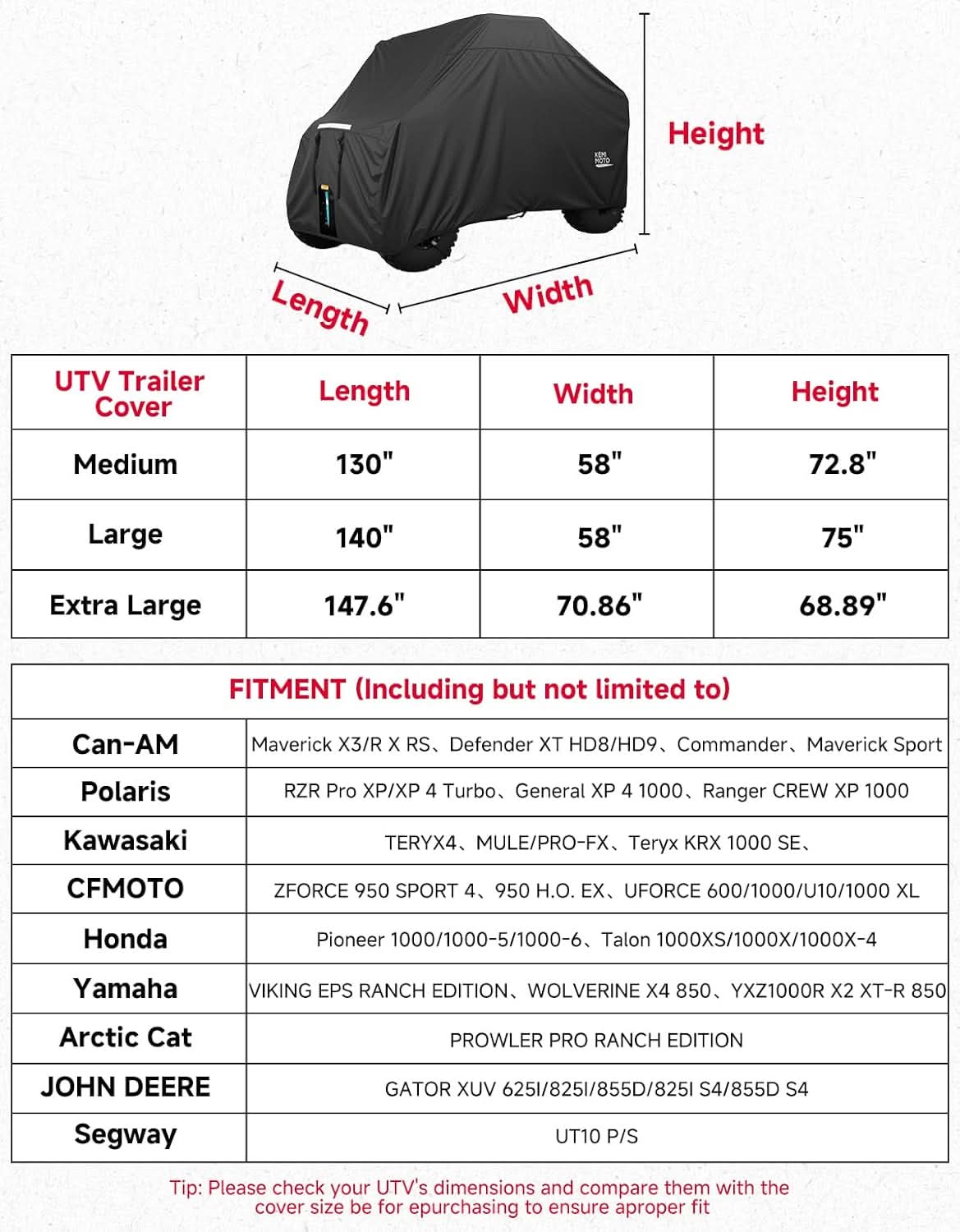 UTV 2-Seater Trailerable Cover for Polaris RZR XP 1000 Can-Am Maverick X3 Defender, 140