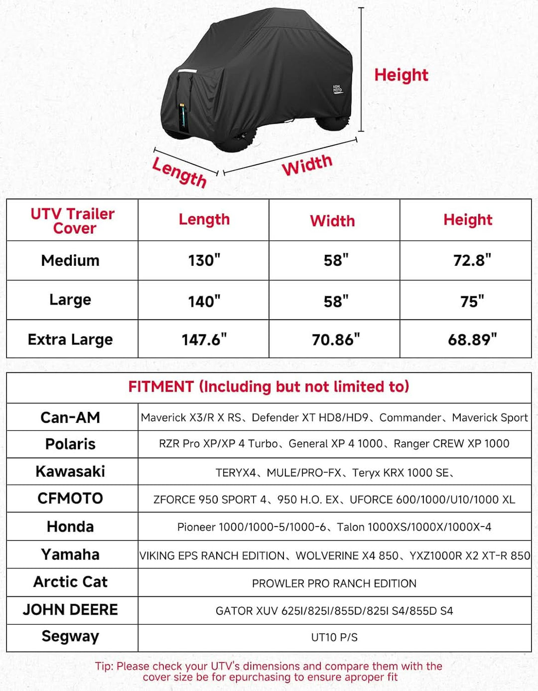UTV 2-Seater Trailerable Cover for Polaris RZR XP 1000 Can-Am Maverick X3 Defender, 140" x 58" x 75"
