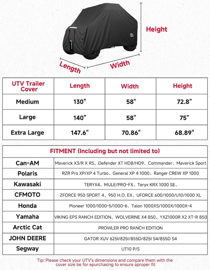 UTV 2-Seater Trailerable Cover for Polaris RZR XP 1000 Can-Am Maverick X3 Defender, 140" x 58" x 75"