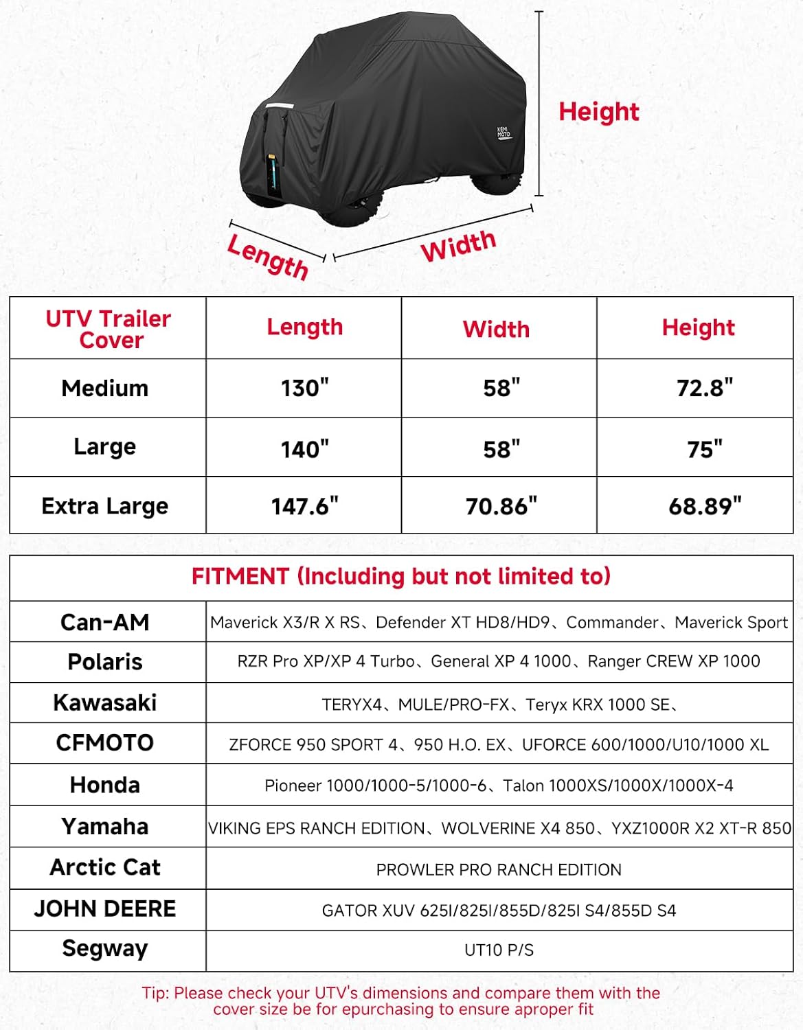 UTV 4-Seater Trailerable Cover for Can-Am Defender Maverick R Polaris RZR Ranger, 148