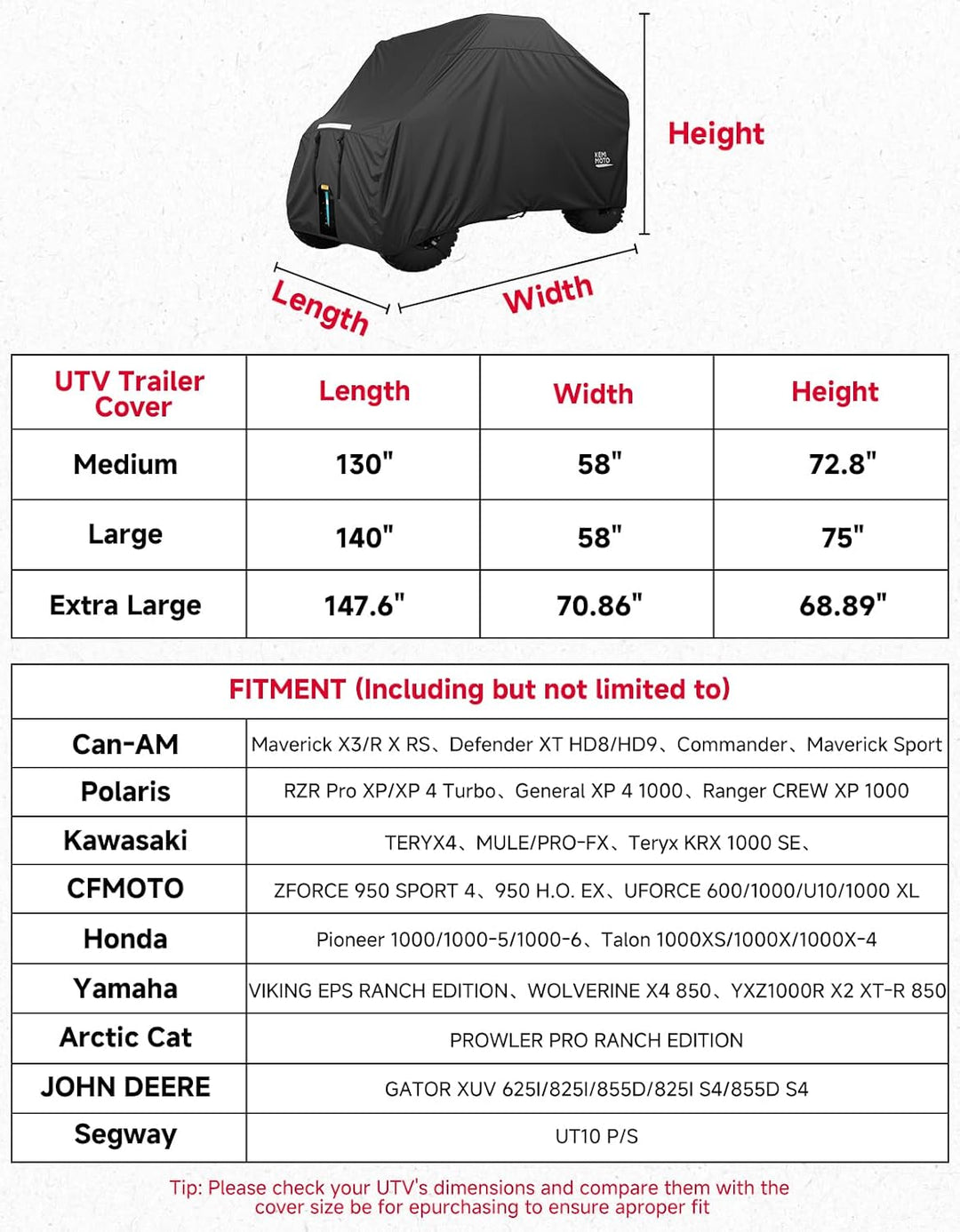 UTV 4-Seater Trailerable Cover for Can-Am Defender Maverick R Polaris RZR Ranger, 148" x 69" x 71" - Kemimoto