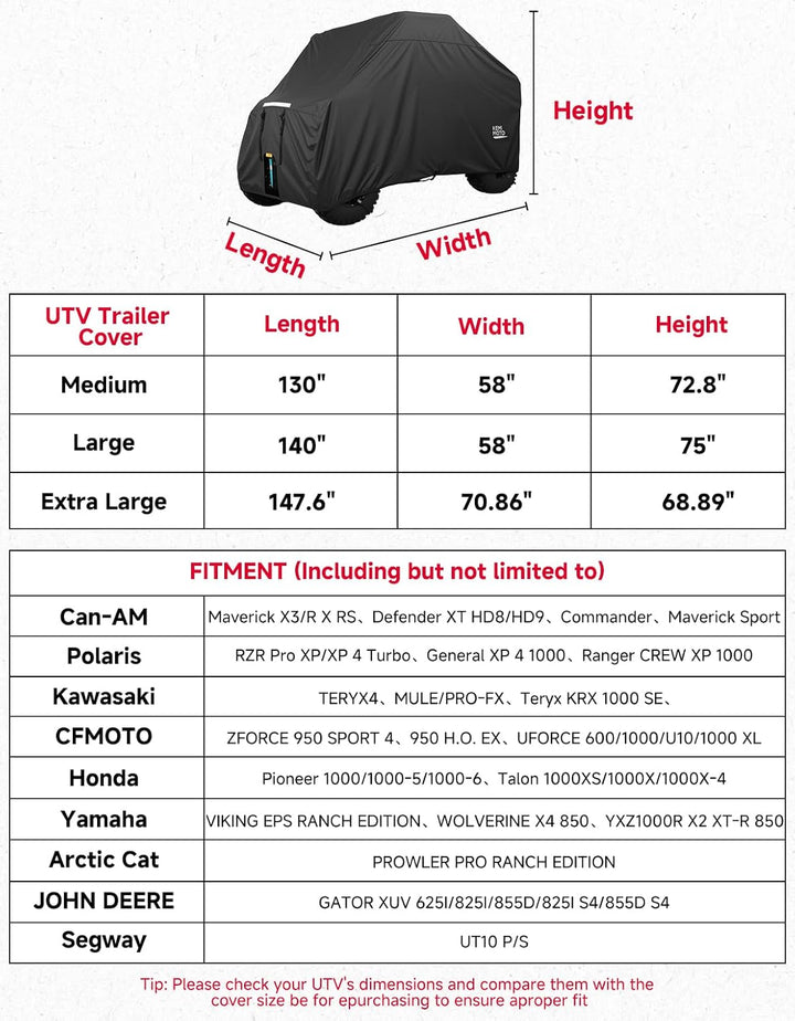UTV 4-Seater Trailerable Cover for Can-Am Defender Maverick R Polaris RZR Ranger, 148" x 69" x 71" - Kemimoto