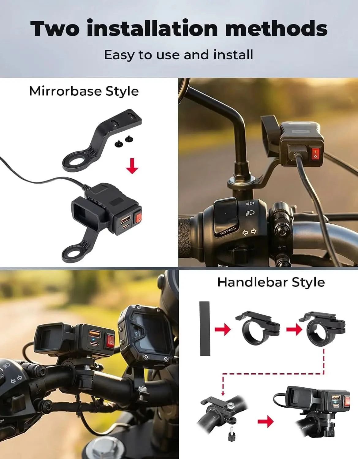 USB Charger for Motorcycle with USB-C & USB-A