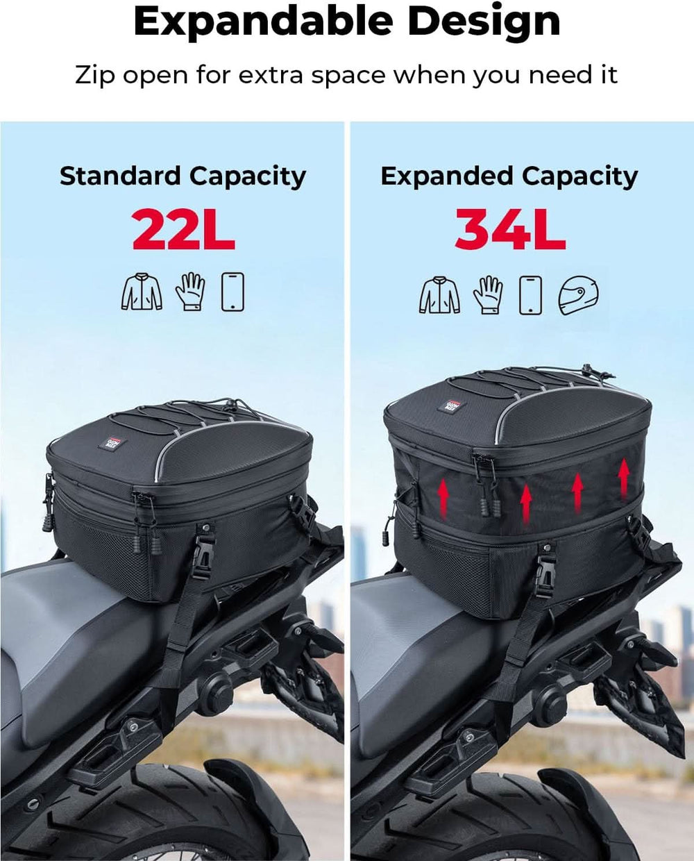 22L-34L Expandable Tail Bag For Motorcycle - Kemimoto