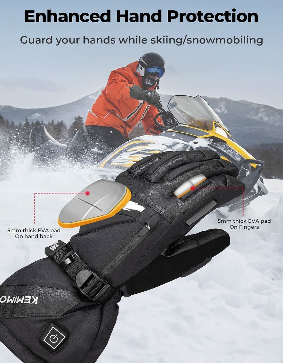 EVA-Pad Heated Gloves for Unisex, Touchscreen Snowmobile Gloves for Winter - Kemimoto