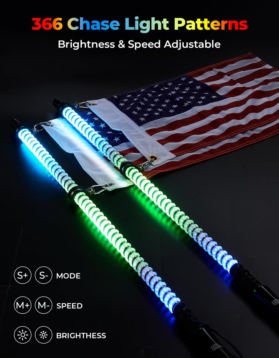 2PCS 4FT COB LED Whip Lights – 2016 LEDs, Bluetooth APP Control – Fit Can-Am X3, Polaris RZR, UTV/ATV - Kemimoto