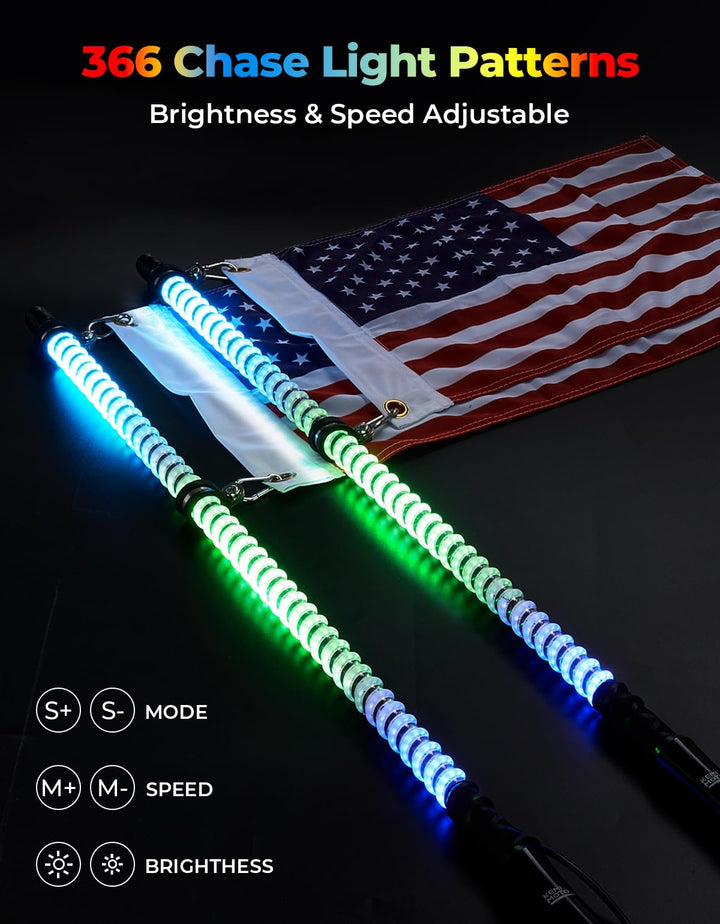 2PCS 4FT COB LED Whip Lights – 2016 LEDs, Bluetooth APP Control – Fit Can-Am X3, Polaris RZR, UTV/ATV - Kemimoto
