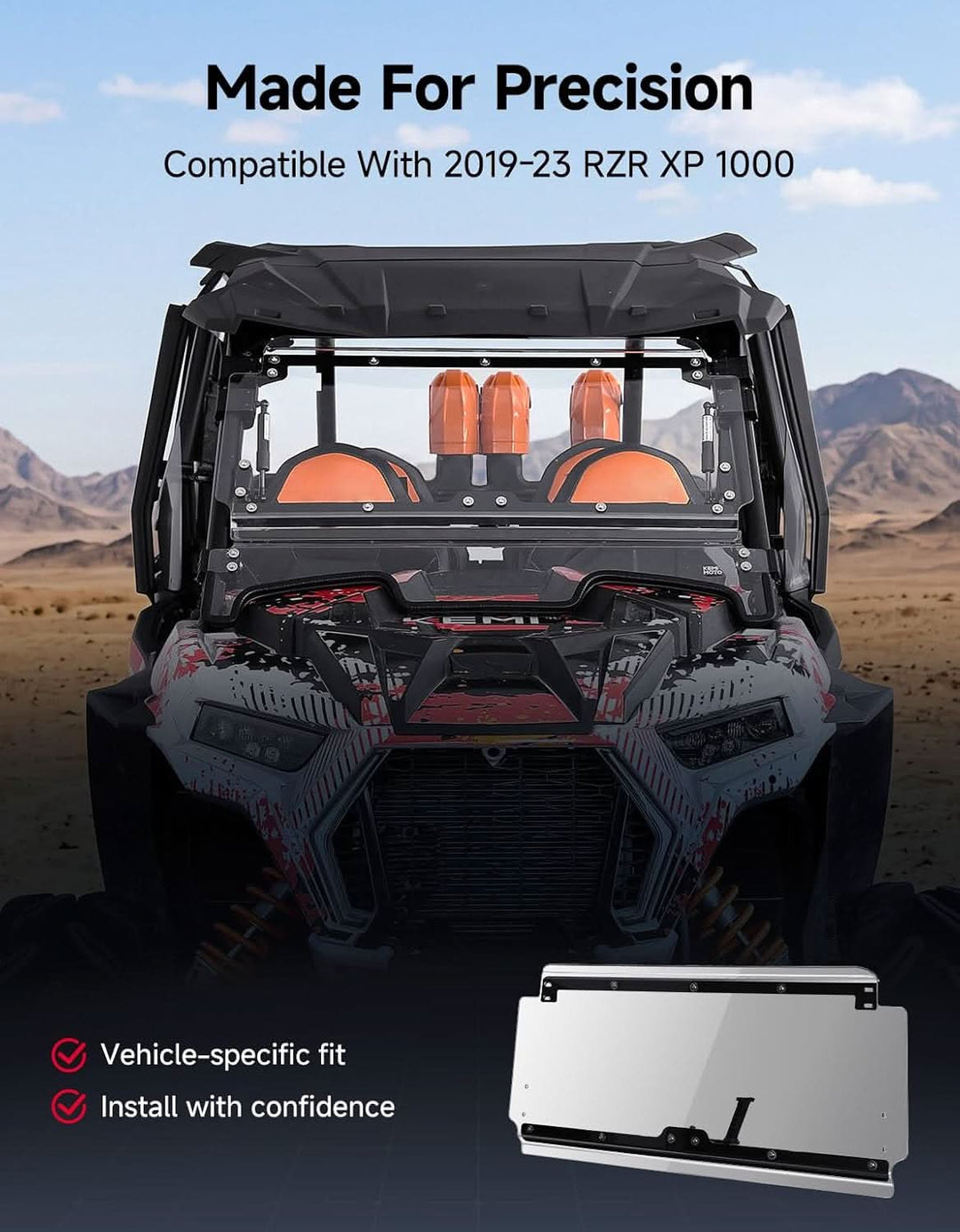 3-in-1 Front Flip Windshield, Scratch-Resistant Clear Polycarbonate for Polaris RZR XP 1000/Turbo 2019-2023 - Kemimoto