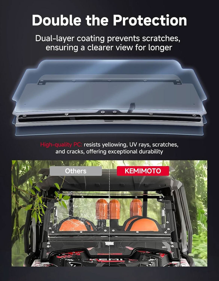 3-in-1 Front Flip Windshield, Scratch-Resistant Clear Polycarbonate for Polaris RZR XP 1000/Turbo 2019-2023 - Kemimoto