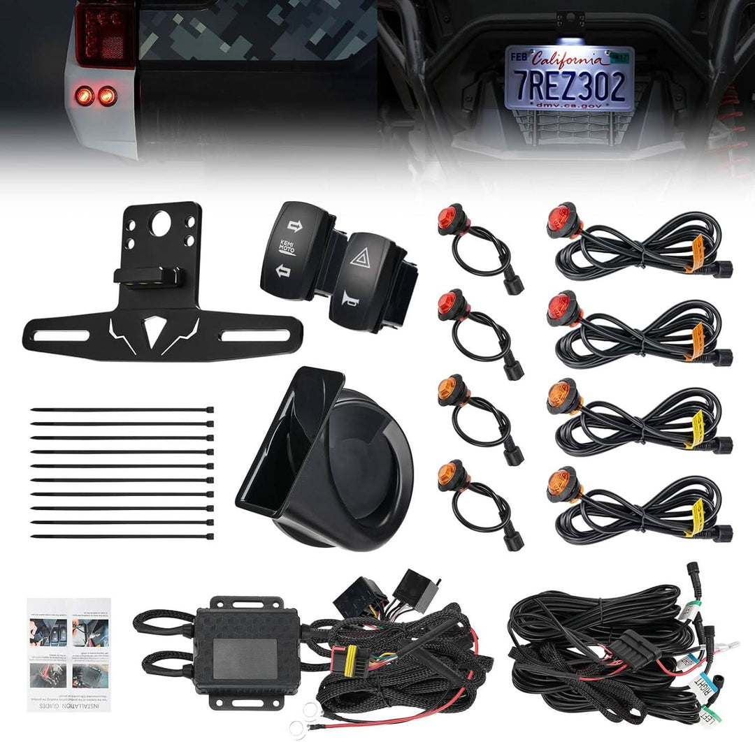 4 Amber & 4 Red Round UTV Turn Signal Light Kit with Horn & License Plate Holder for Polaris, Can-Am, Teryx, CFMOTO