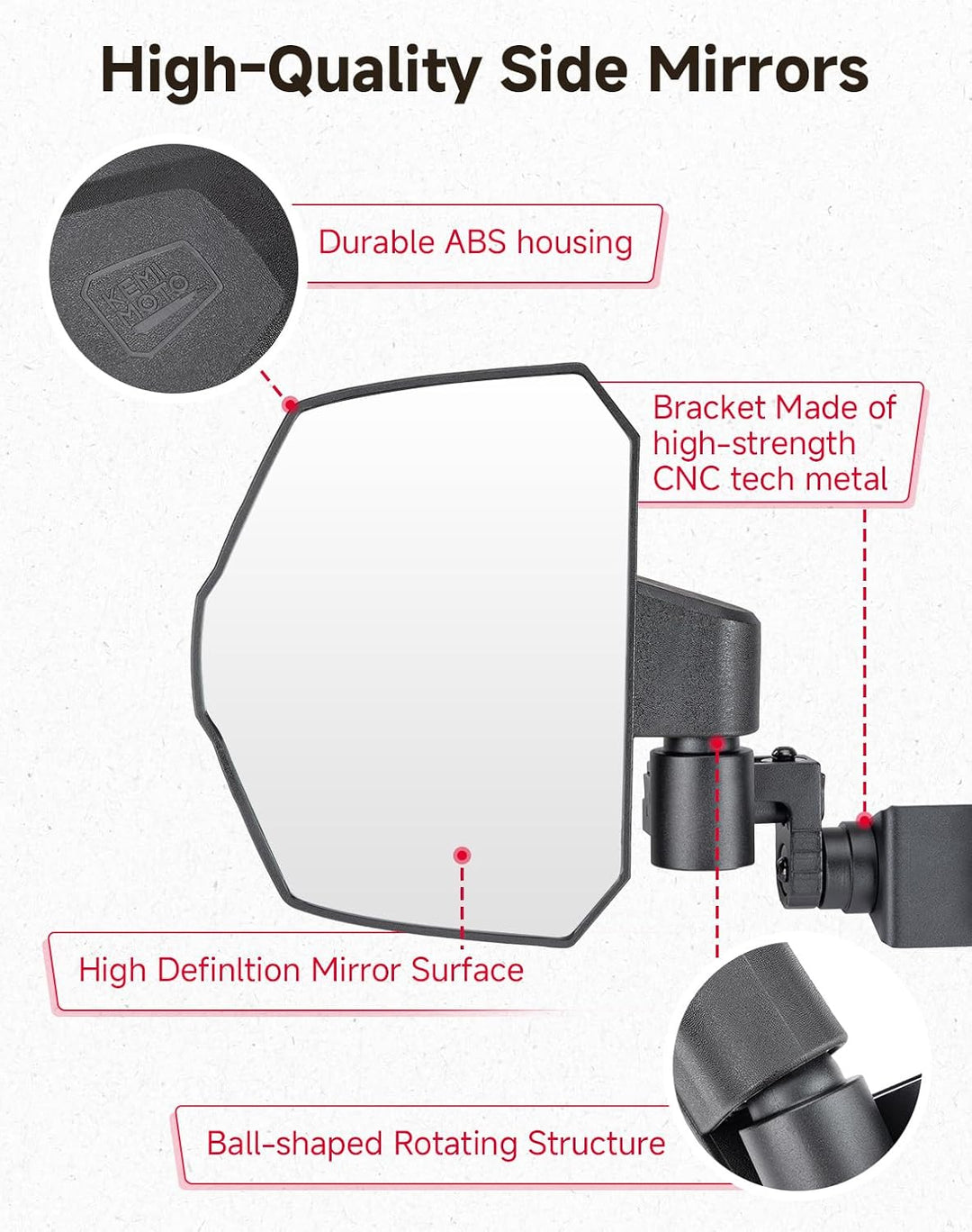 UTV Side View Mirrors for Polaris Ranger 570/500/900 XP 2014-2026 - Kemimoto