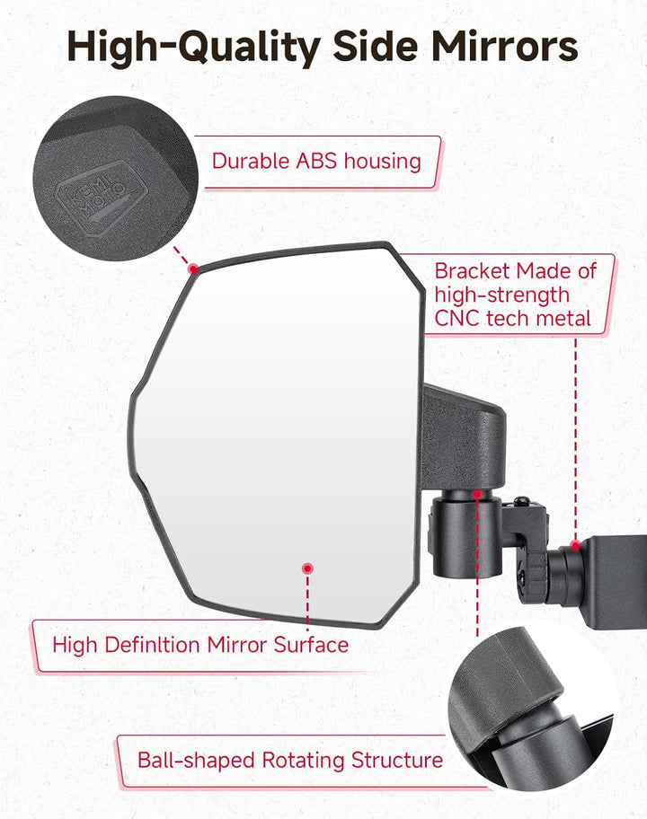 UTV Side View Mirrors for Polaris Ranger 570/500/900 XP 2014-2026 - Kemimoto