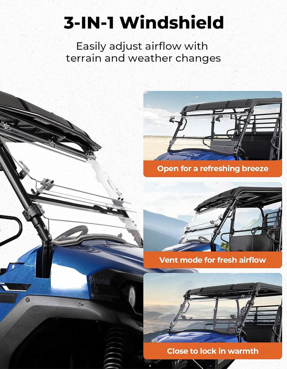 3-in-1 Flip Windshield For Kawasaki Mule Pro FXT - Kemimoto