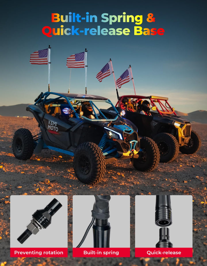 2PCS 4FT COB LED Whip Lights – 2016 LEDs, Bluetooth APP Control – Fit Can-Am X3, Polaris RZR, UTV/ATV - Kemimoto