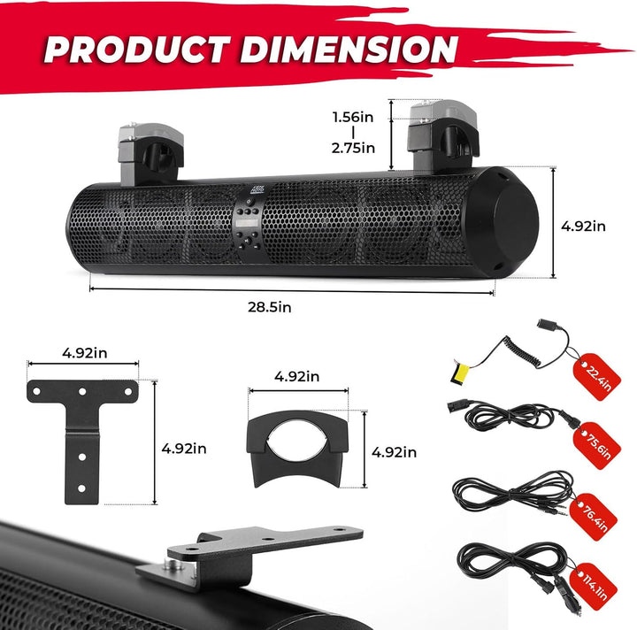 SxS UTV Sound Bar System Bluetooth Speaker 500W 28" Outdoor Marine Soundbars