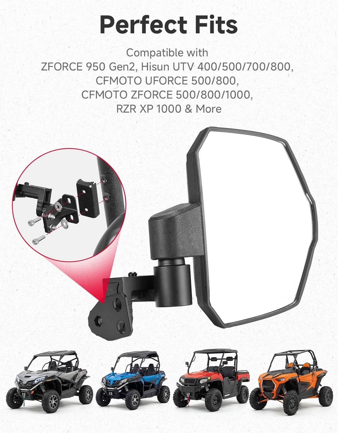 UTV Side Mirrors Larger View For Polaris|CFMOTO|Hisun - Kemimoto
