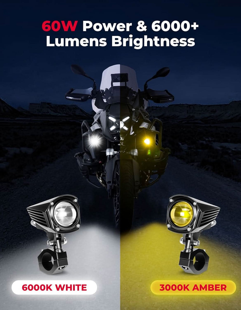 Motorcycle LED Auxiliary Spotlight 60W Dual-Color IP67 - Kemimoto