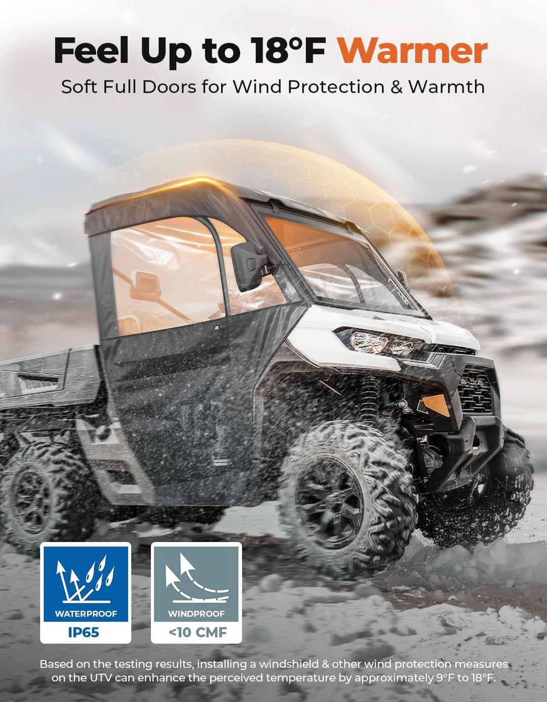 Defender with soft full doors for wind protection and warmth