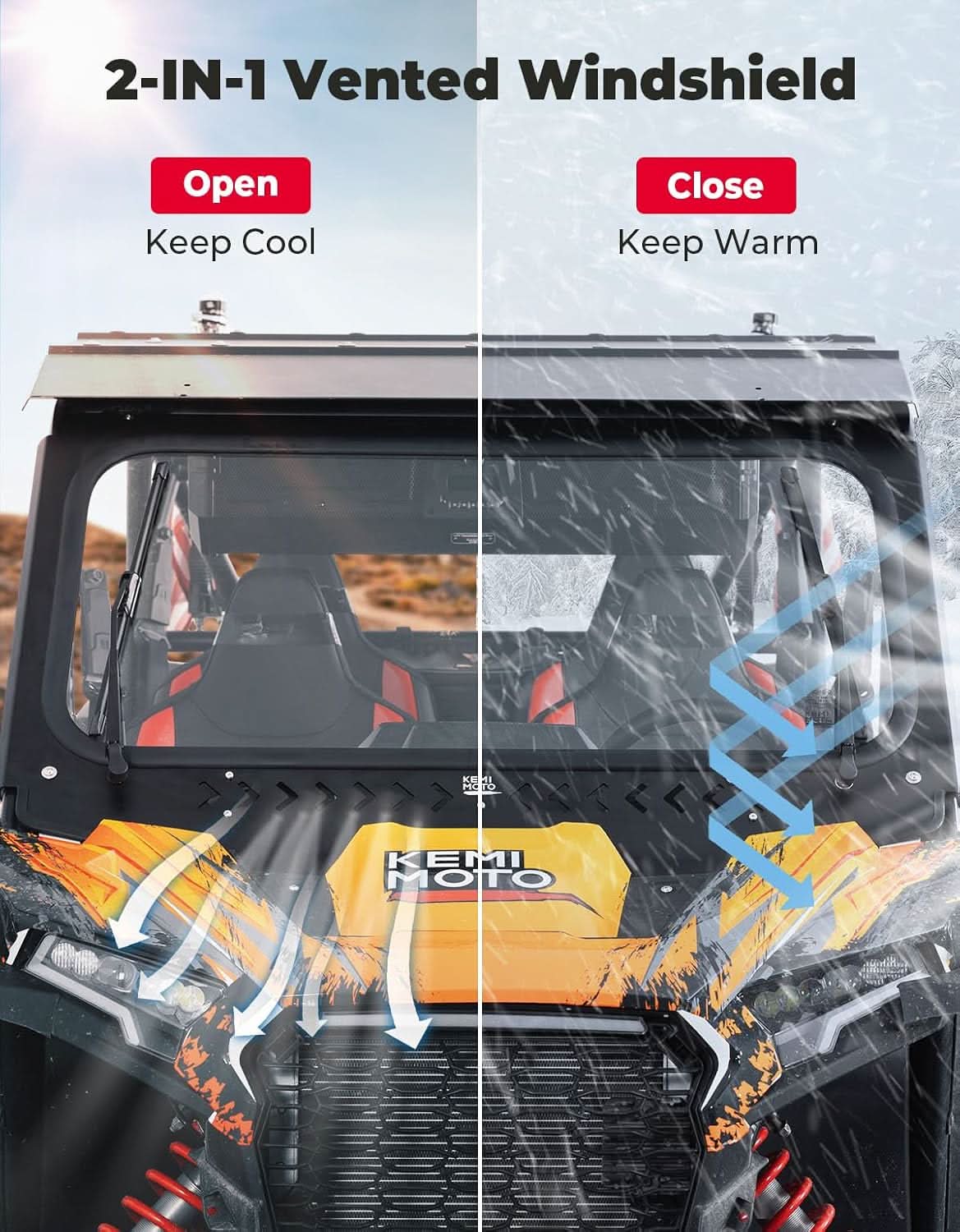 UTV Vented Front Glass Windshield with 2 Manual Wipers, Scratch-Resistant for Polaris RZR XP 1000 / XP S 1000 / XP 4 1000 2024-2026