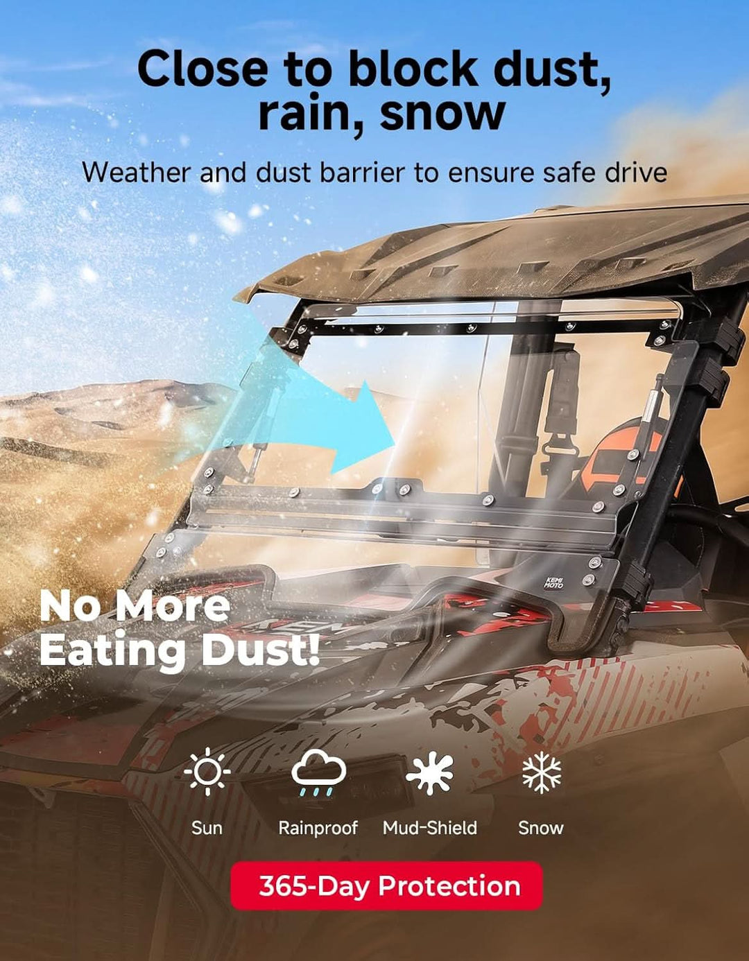 3-in-1 Front Flip Windshield, Scratch-Resistant Clear Polycarbonate for Polaris RZR XP 1000/Turbo 2019-2023 - Kemimoto