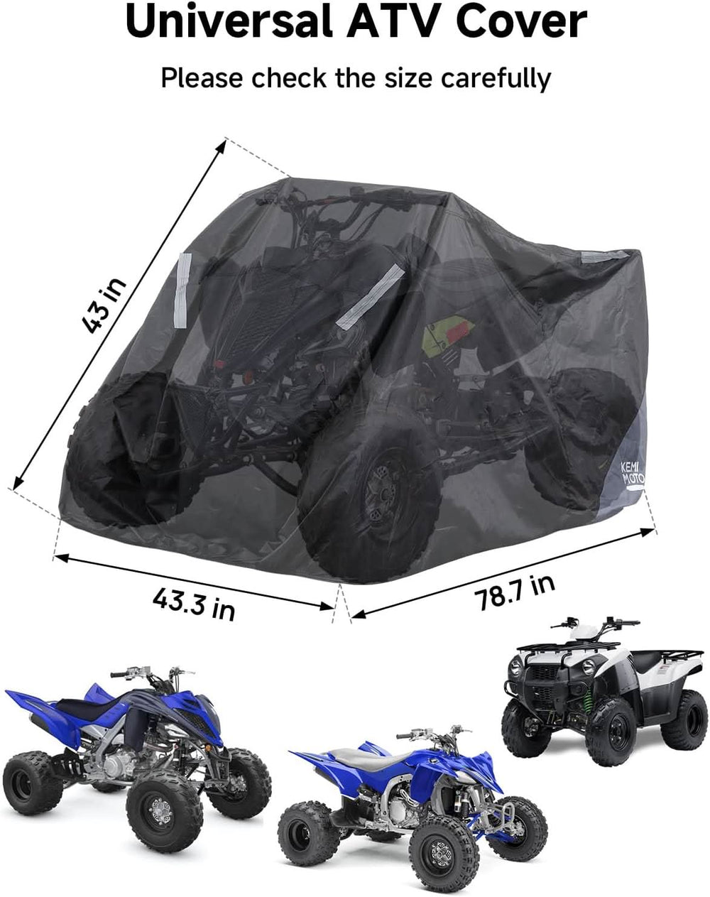 Universal ATV Cover for 4 Wheeler, Quad Cover for YFZ 450R, Raptor 700, Fourtrax Recon, Arctic Cat 300, Can-Am TRX (78.7"x43.3"x43") - Kemimoto