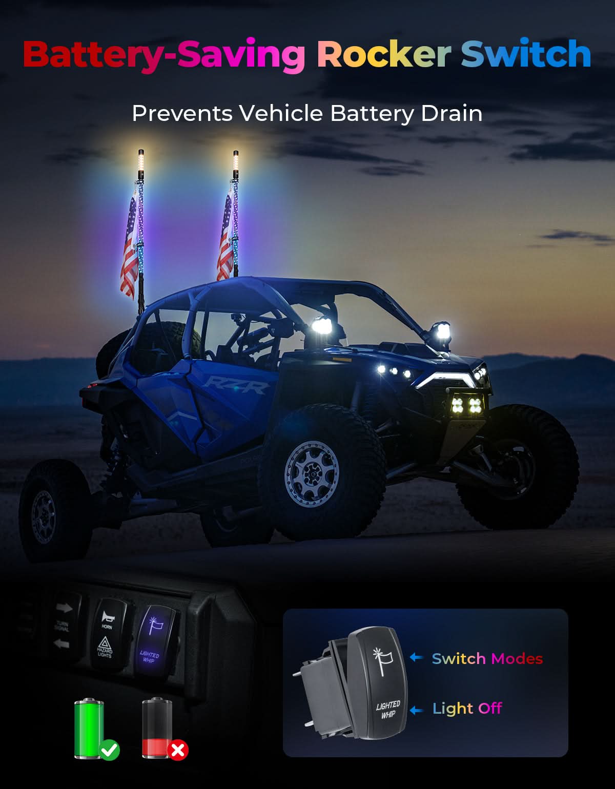 3FT LED Whip Lights 2PCS with Strobe & SOS Modes, Bluetooth App Control for Polaris RZR & Can-Am X3 - Kemimoto