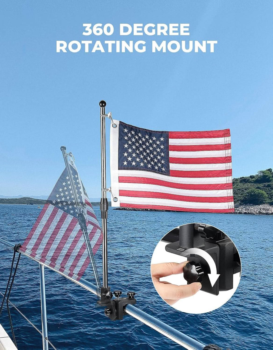 2-Pack Boat American Flag Pole Kit with 360° Adjustable Mount for Pontoon Rails and Golf Carts - Kemimoto