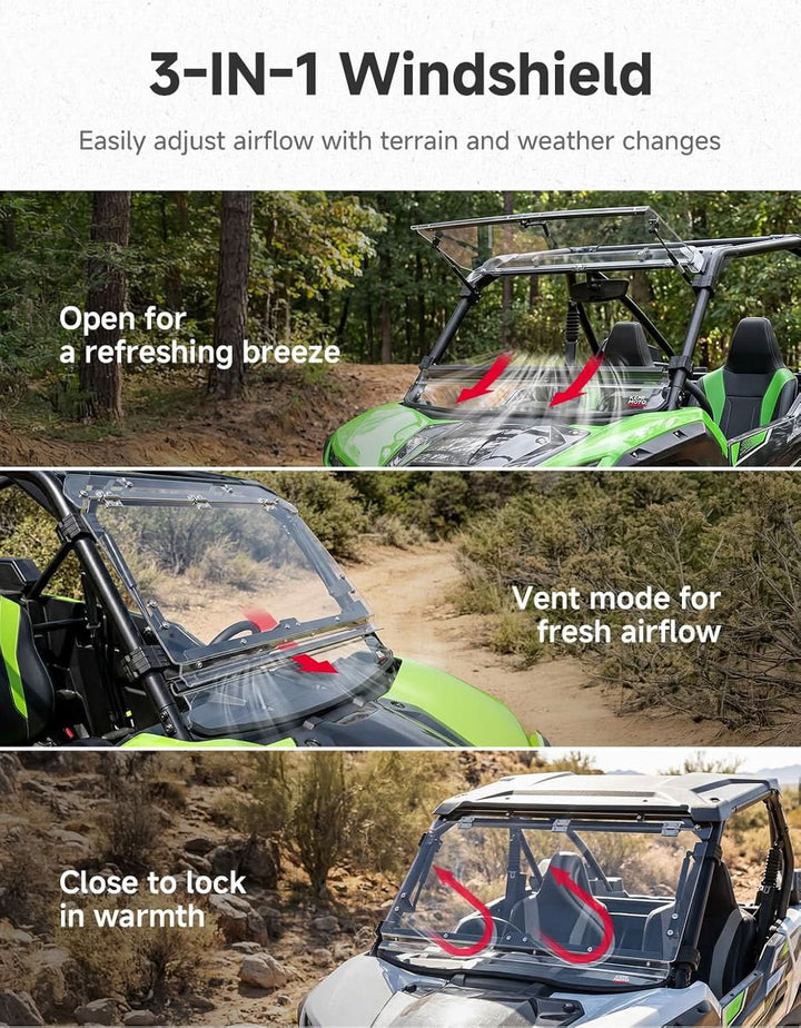 3-in-1 UTV Flip Windshield For Kawasaki Teryx KRX - Kemimoto