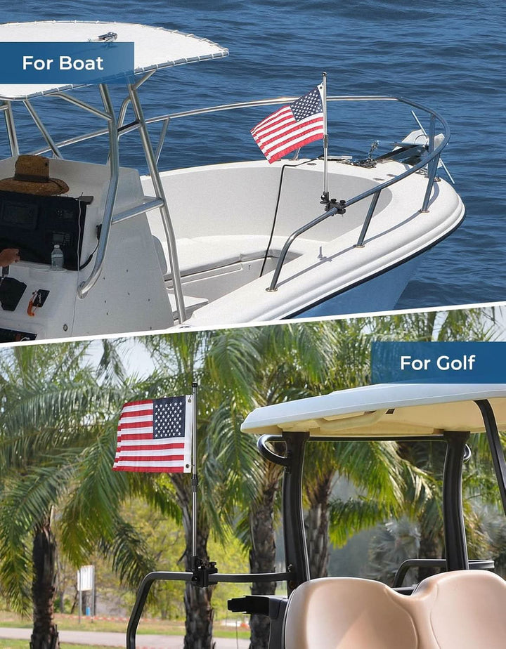 2-Pack Boat American Flag Pole Kit with 360° Adjustable Mount for Pontoon Rails and Golf Carts - Kemimoto