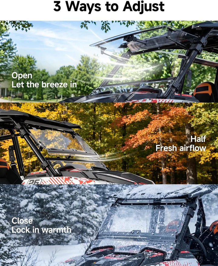 3-in-1 Front Flip Windshield, Scratch-Resistant Clear Polycarbonate for Polaris RZR XP 1000/Turbo 2019-2023 - Kemimoto