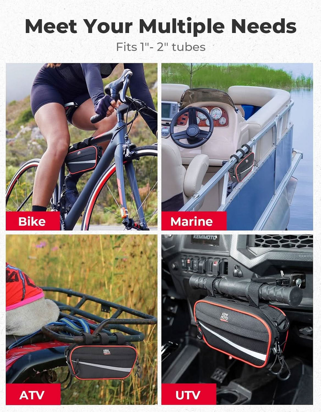 UTV Roll Cage Storage Bag for UTV, ATV, Golf Cart, Bike, 11" x 5", Black & Red - Kemimoto