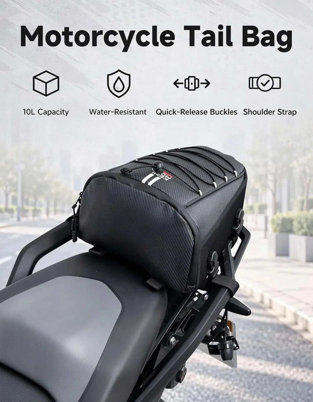10L Motorcycle Tail Bag Carbon Fiber Rain Cover Shoulder Strap