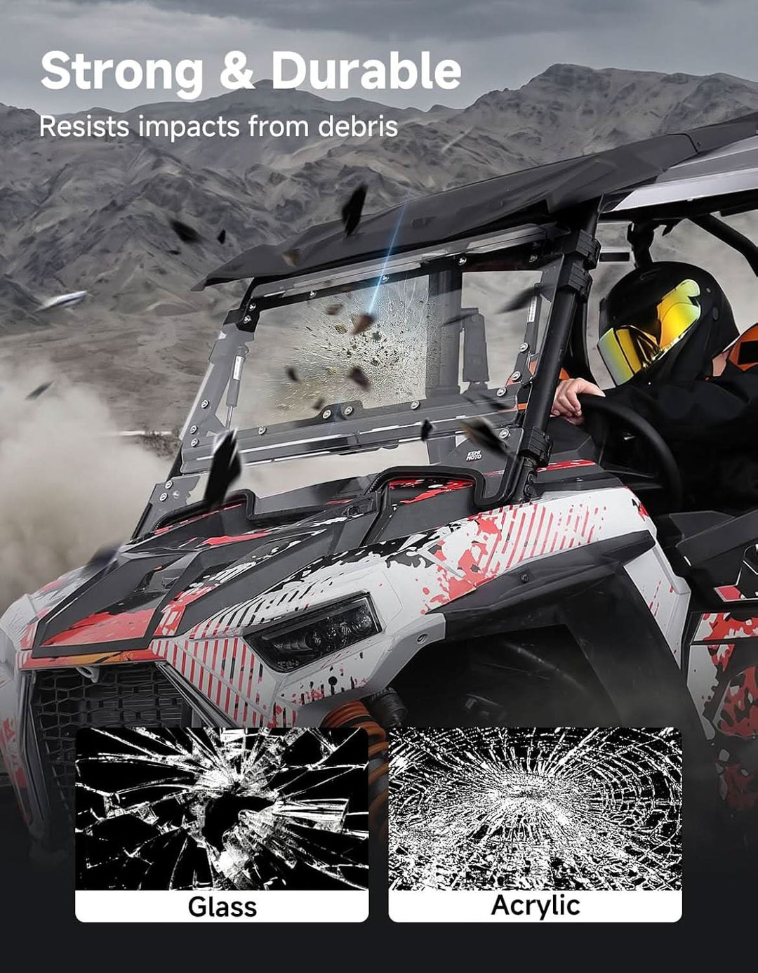 3-in-1 Front Flip Windshield, Scratch-Resistant Clear Polycarbonate for Polaris RZR XP 1000/Turbo 2019-2023 - Kemimoto