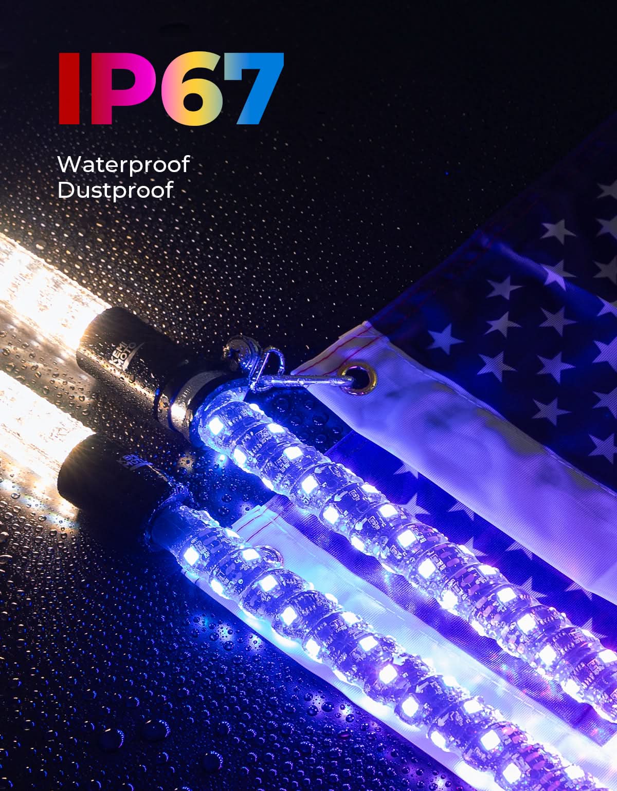 3FT LED Whip Lights 2PCS with Strobe & SOS Modes, Bluetooth App Control for Polaris RZR & Can-Am X3 - Kemimoto