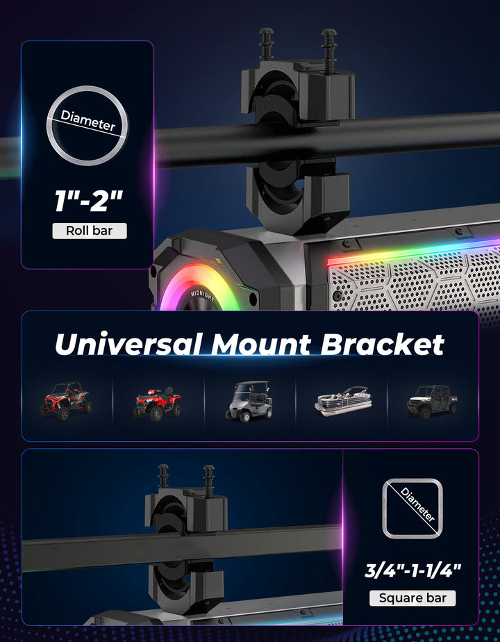KEMIMOTO Midnight S70 Gen2 UTV Soundbar For Can am Polaris 680W Max Power, IP66 Waterproof & Quad Passive Radiators