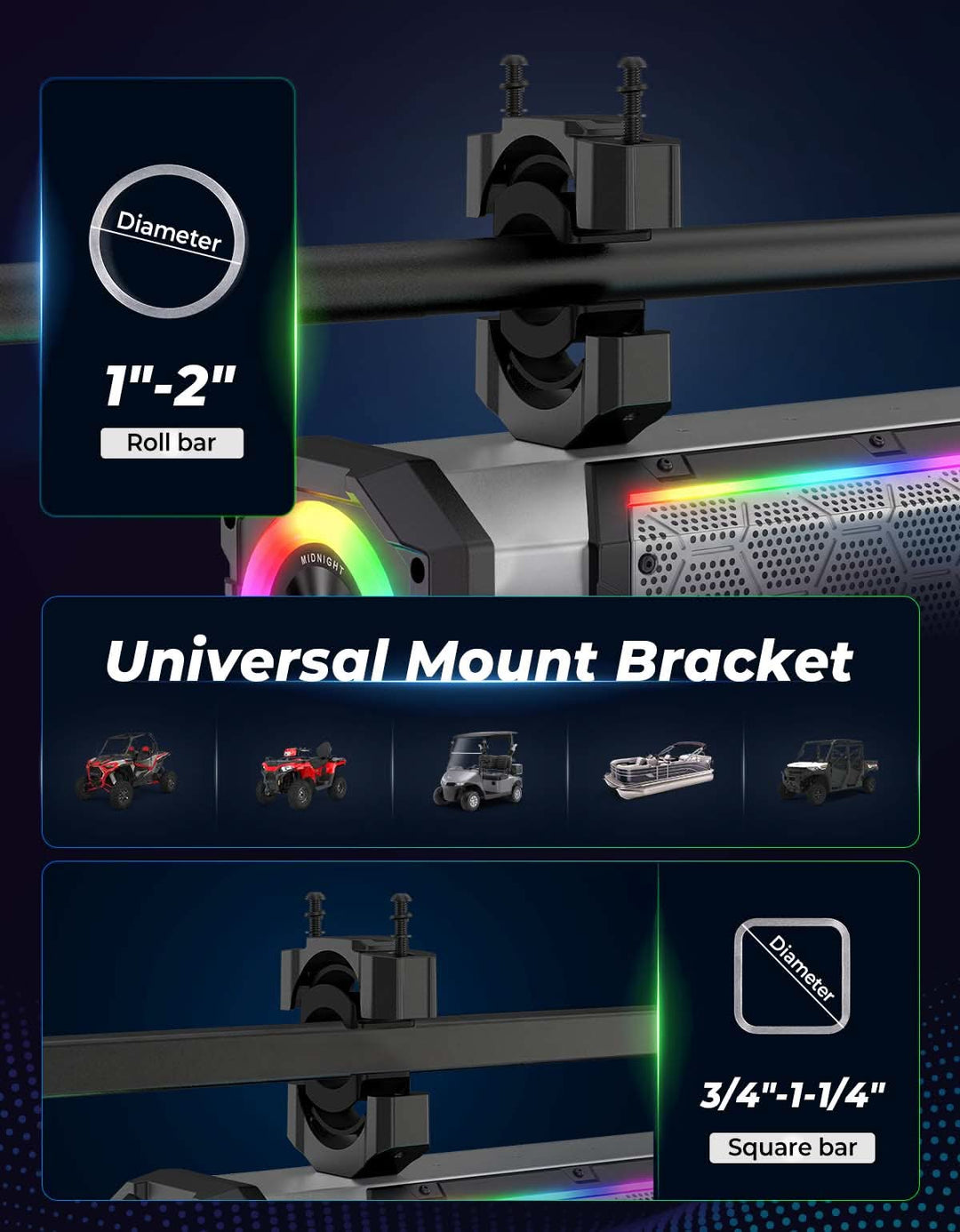 KEMIMOTO Midnight S80 Gen2 UTV Soundbar For Can am Polaris 680W Max Power, IP66 Waterproof & Quad Passive Radiators