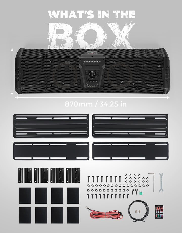 34.25" UTV Bluetooth Sound Bar with Dual Subwoofers, IP66 Waterproof 10-Speaker System