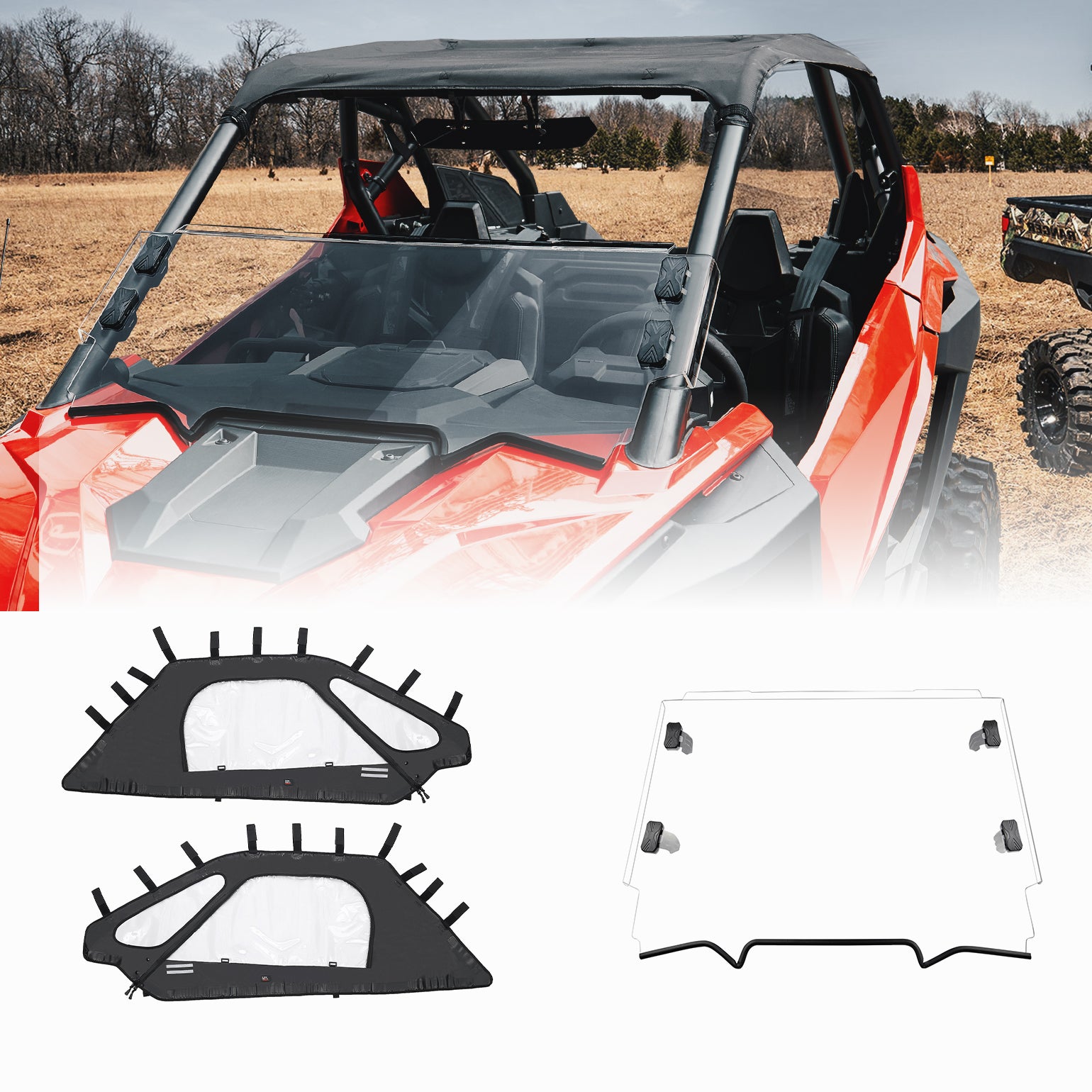 2 Soft Upper Doors with Zippers & Scratch Resistant Full Windshield Fit  Polaris RZR