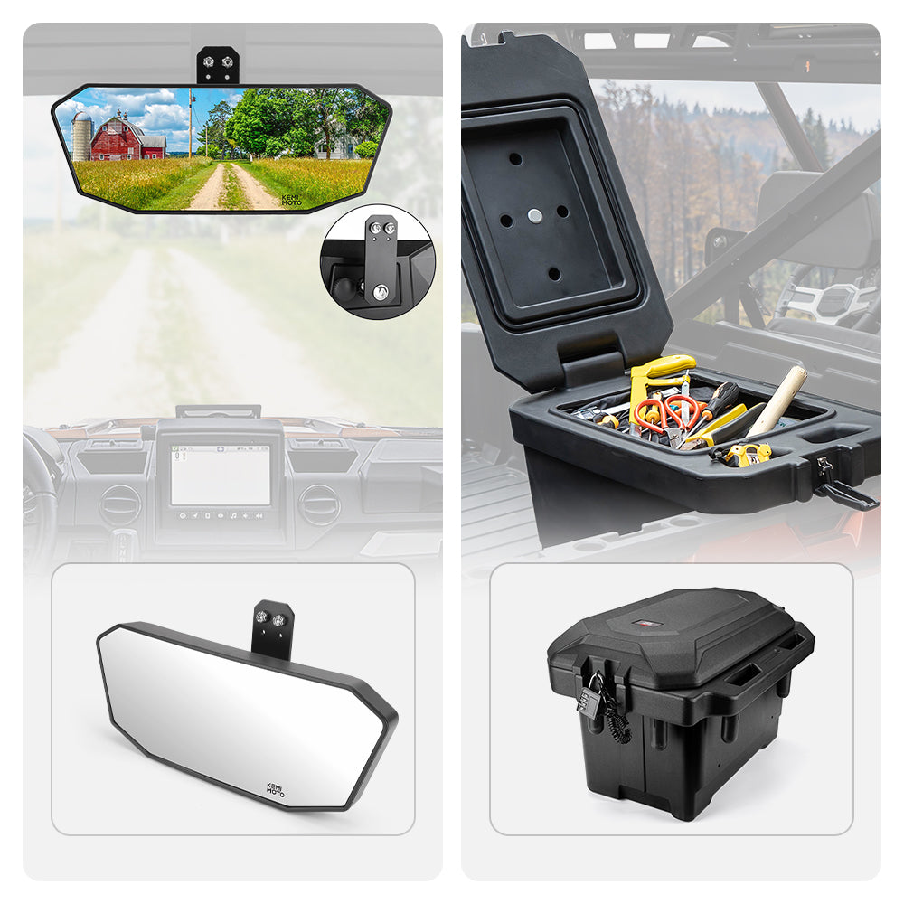 Rear View Mirror & 45L Waterproof Tool Box Fit Polaris Ranger