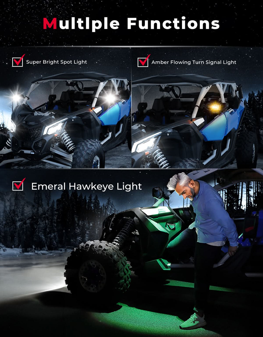 Espejos laterales con luz LED y luces verdes en el suelo