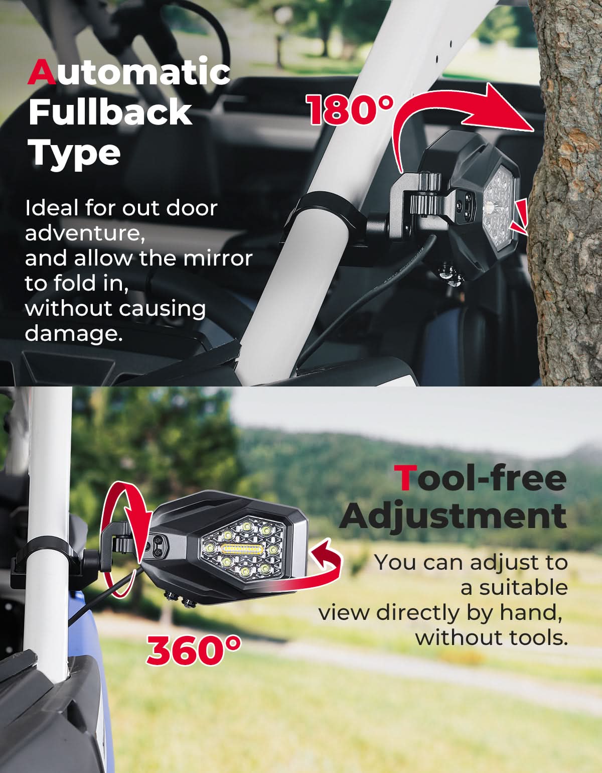 UTV LED Lighted Side Mirrors with Flowing Turn Signal for Polaris RZR/ 1.6