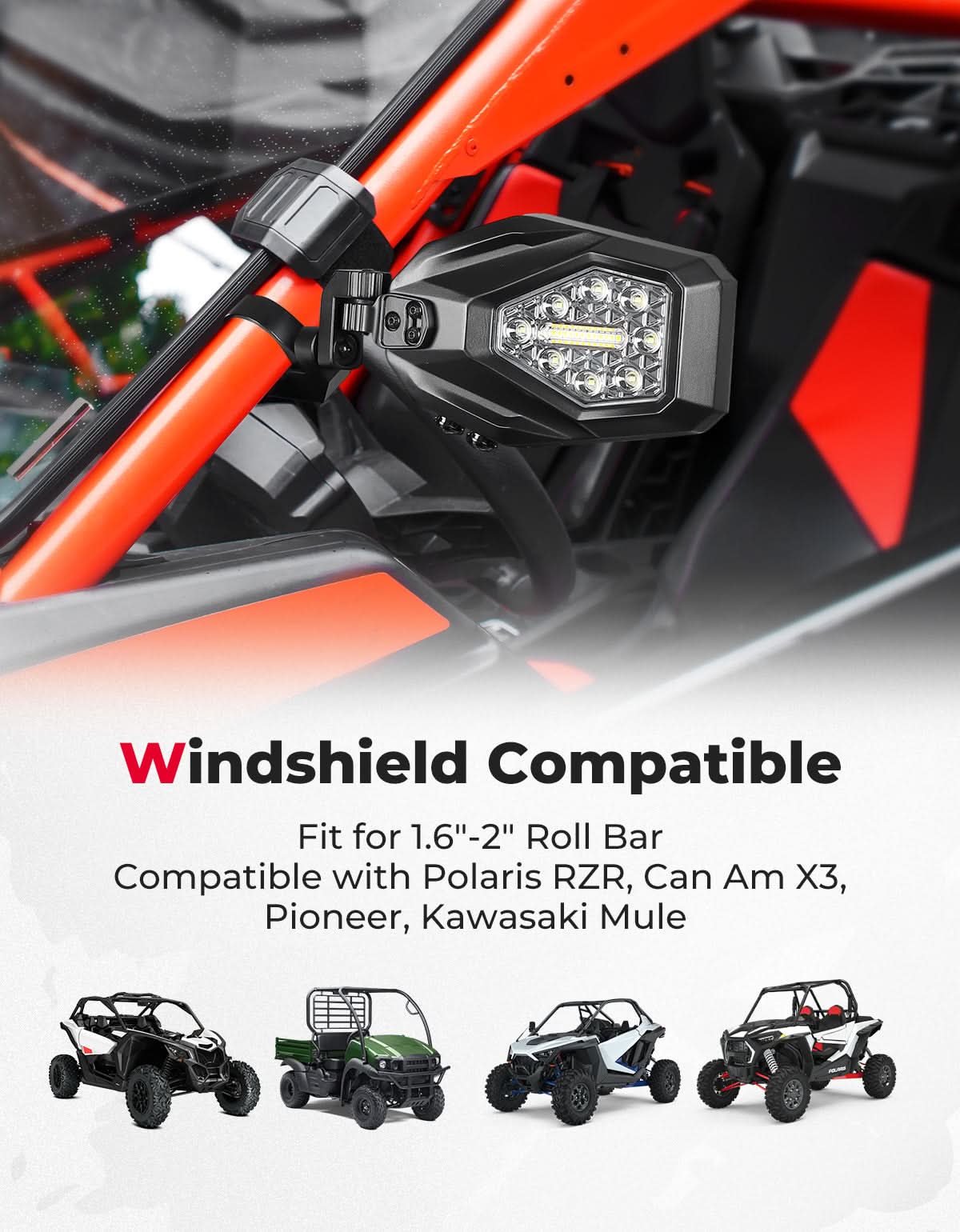 UTV LED Lighted Side Mirrors with Flowing Turn Signal for Polaris RZR/ 1.6