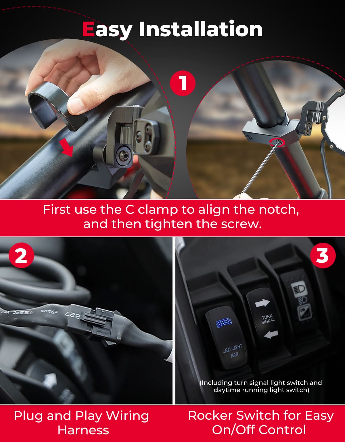 UTV LED Lighted Side Mirrors with Flowing Turn Signal for Polaris RZR/ 1.6