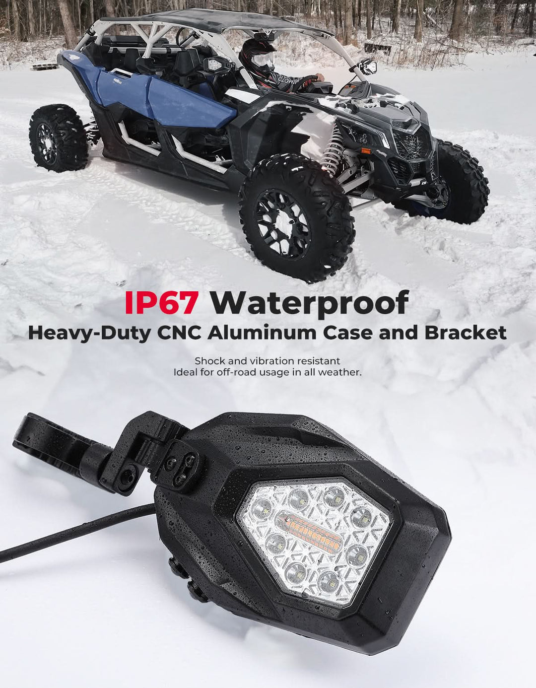 Espejos laterales con luz LED y luces verdes en el suelo