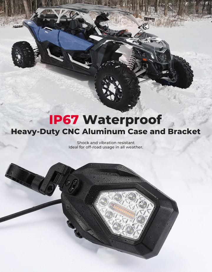 Espejos laterales con luz LED y luces verdes en el suelo