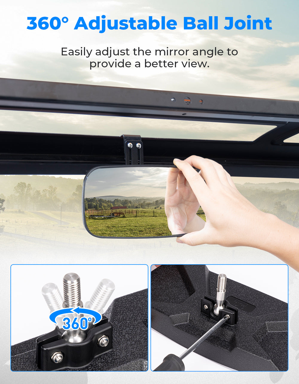 Upgraded Rear View Mirror for Polaris Ranger 500 570 900 XP 1000 XP/Crew 2017-2025 - Kemimoto