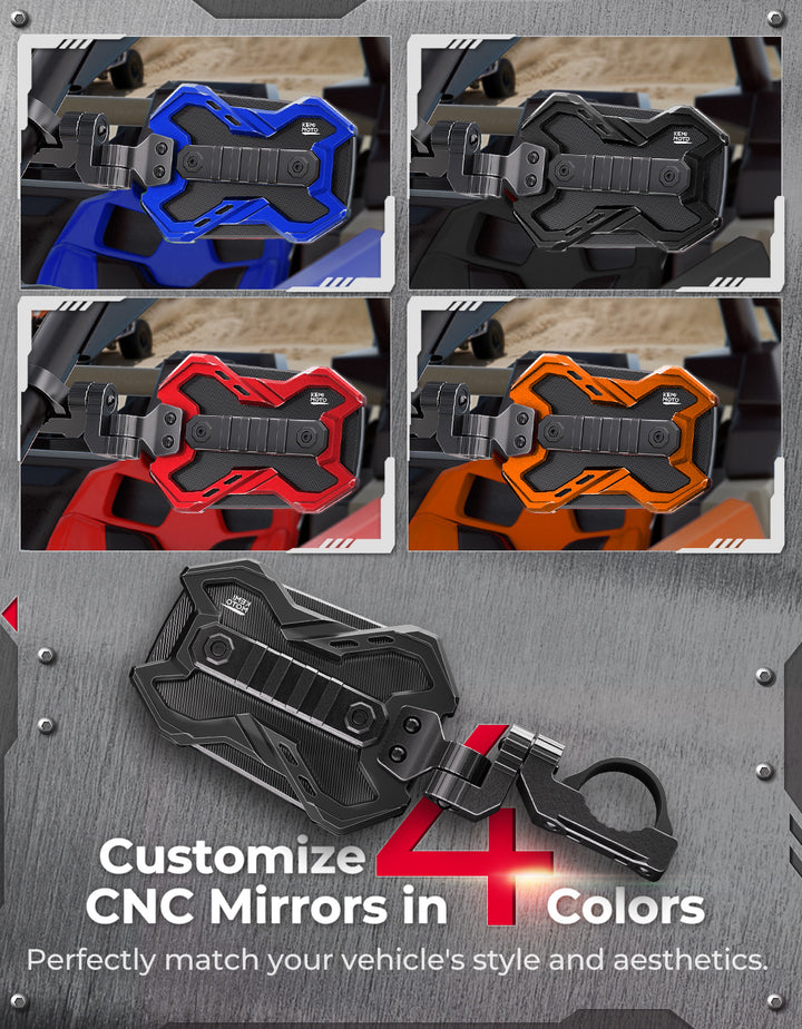 CNC UTV Mirror X w/Integrated light mount for 1.65-2 Inch Roll Bar (1 Pair) - Kemimoto