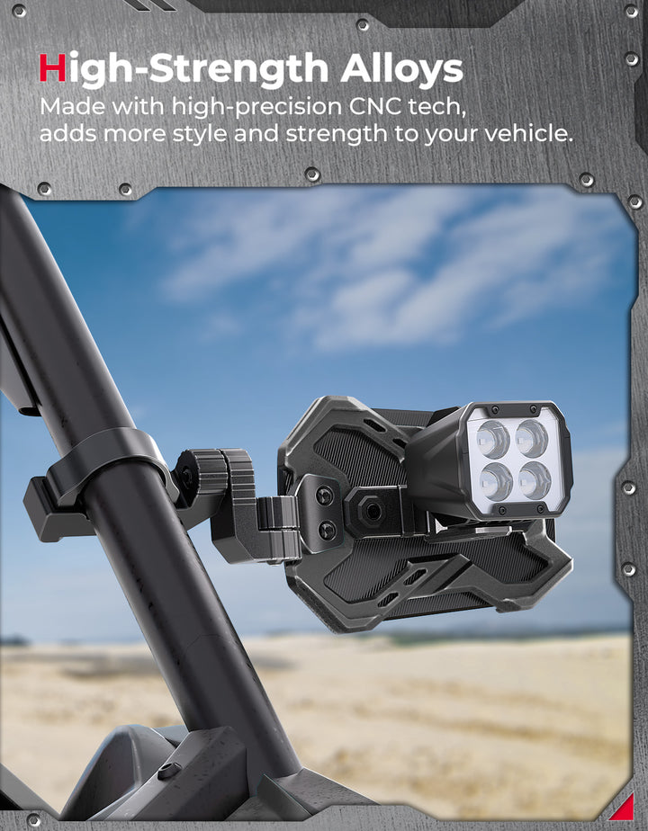 CNC UTV Mirror X w/Integrated light mount for 1.65-2 Inch Roll Bar (1 Pair) - Kemimoto