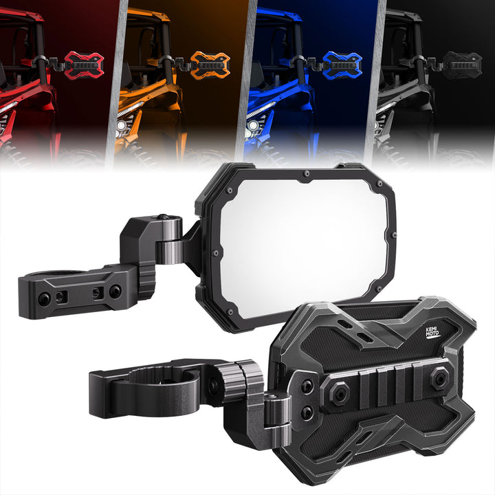 CNC UTV Mirror X w/Integrated light mount for 1.65-2 Inch Roll Bar (1 Pair) - Kemimoto